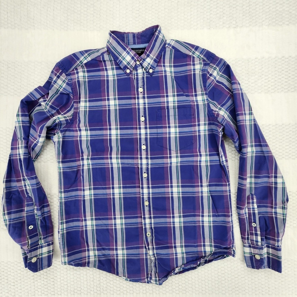 American Eagle Men's Button Down Shirt Sz Small Purple Blue Plaid Long Sleeve
